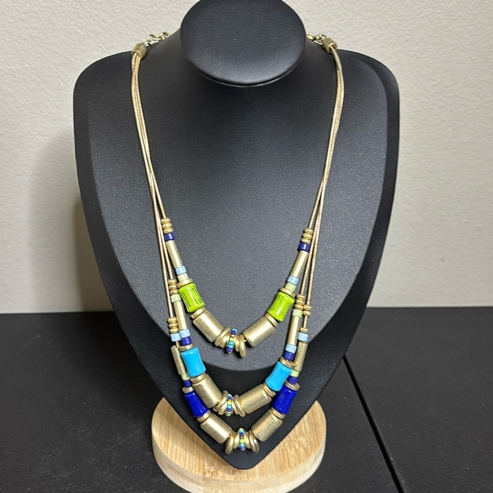 Chico’s Slider Beaded Layered Blue Green Gold Tone Preppy Necklace